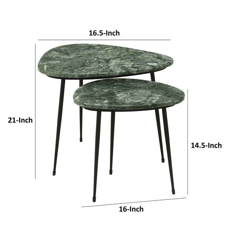 2 Piece Nesting Accent Table Set, Triangular Marble Top, Green, Black