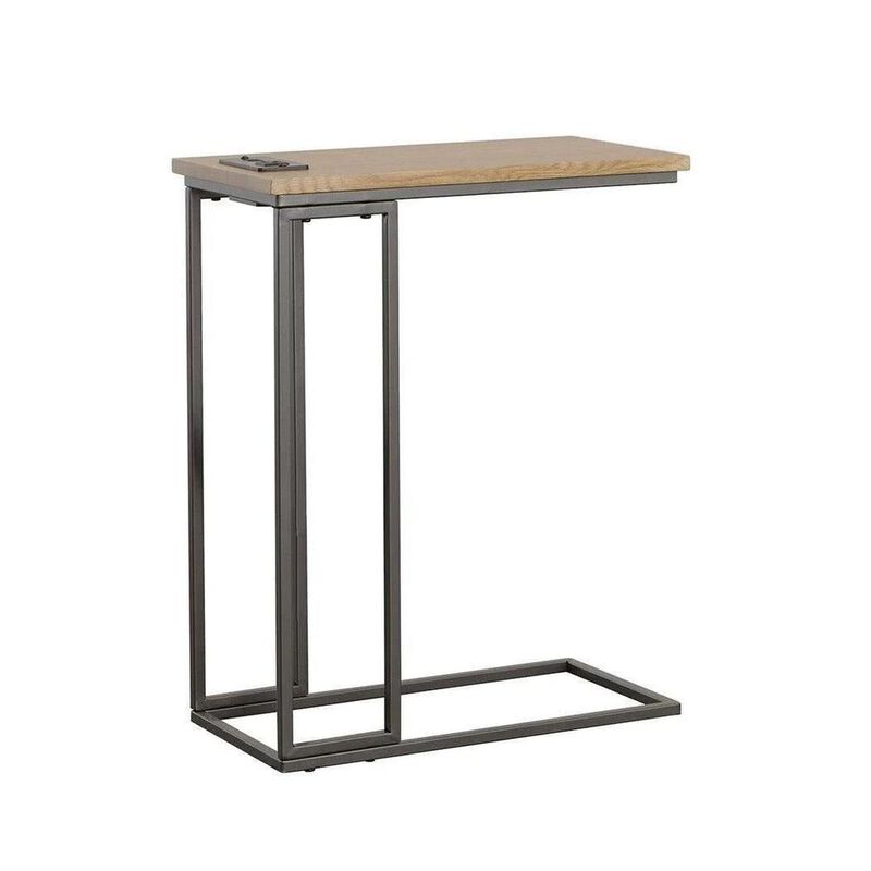 23 Inch Modern C Shape Side End Table, Wood, Metal Frame, USB, Light Brown-Benzara