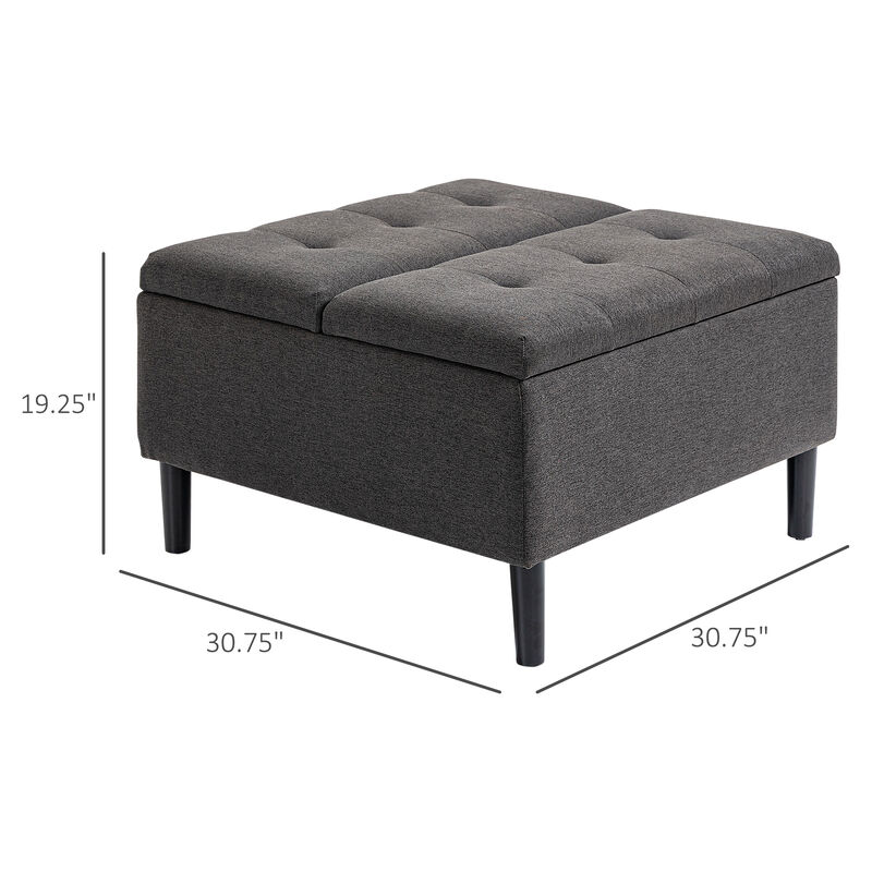 HOMCOM 30" Square Storage Ottoman, Upholstered Ottoman Coffee Table with Lift Top, Button Tufted and Wood Legs, Accent Footstool for Living Room, Dark Grey