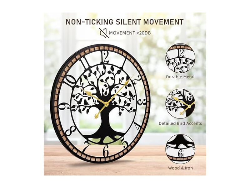 Tree Of Life Metal Wood Bird Farmhouse Wall Clock Silent Non Ticking image number 2