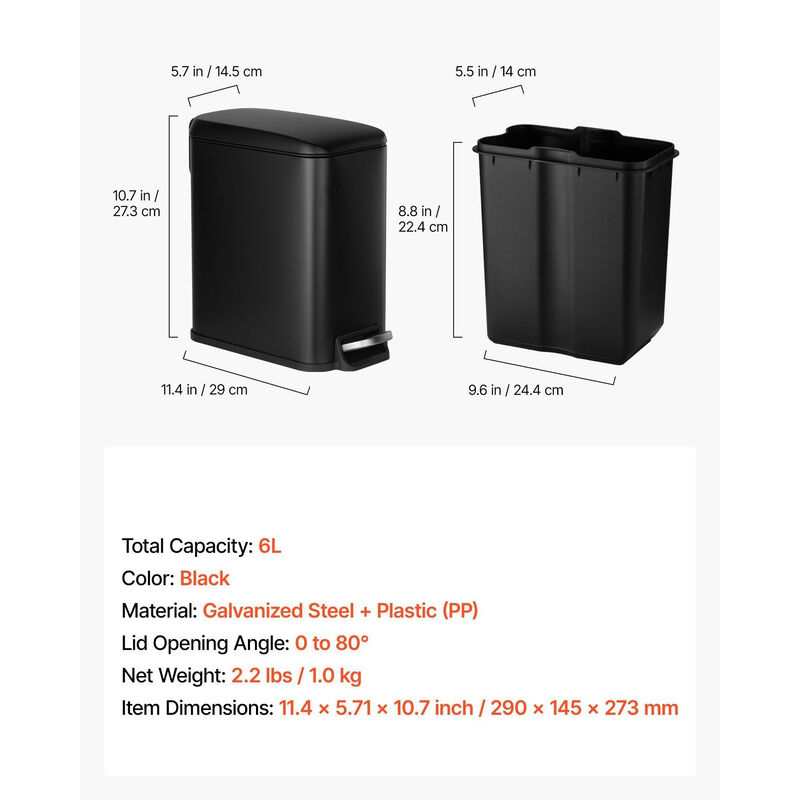 Slim Bathroom Trash Can, Steel Step Pedal Bin with Soft Close Lid - Black image number 2