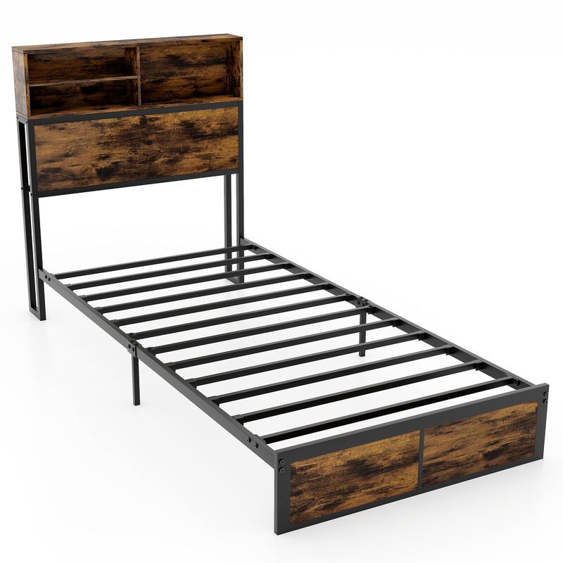 Industrial Metal Platform Bed Frame with Storage Headboard for Modern Bedrooms