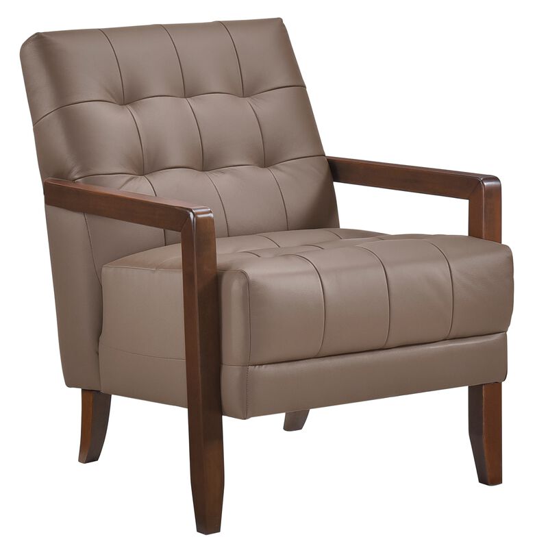 Lenie Accent Armchair, Button Tufted Brown Leather, Walnut Brown Wood