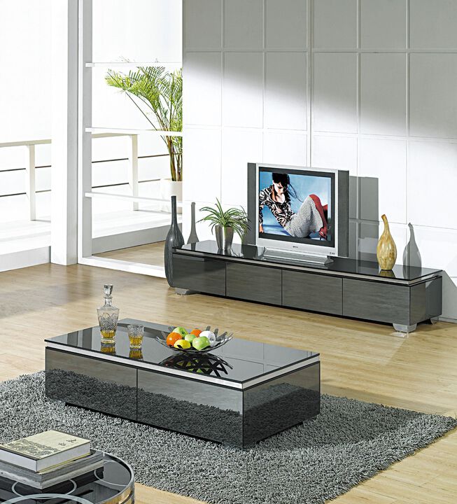 Coffee table with black glass top, gray mirror glass sides, and chrome legs, 49"x25.5"x16''H