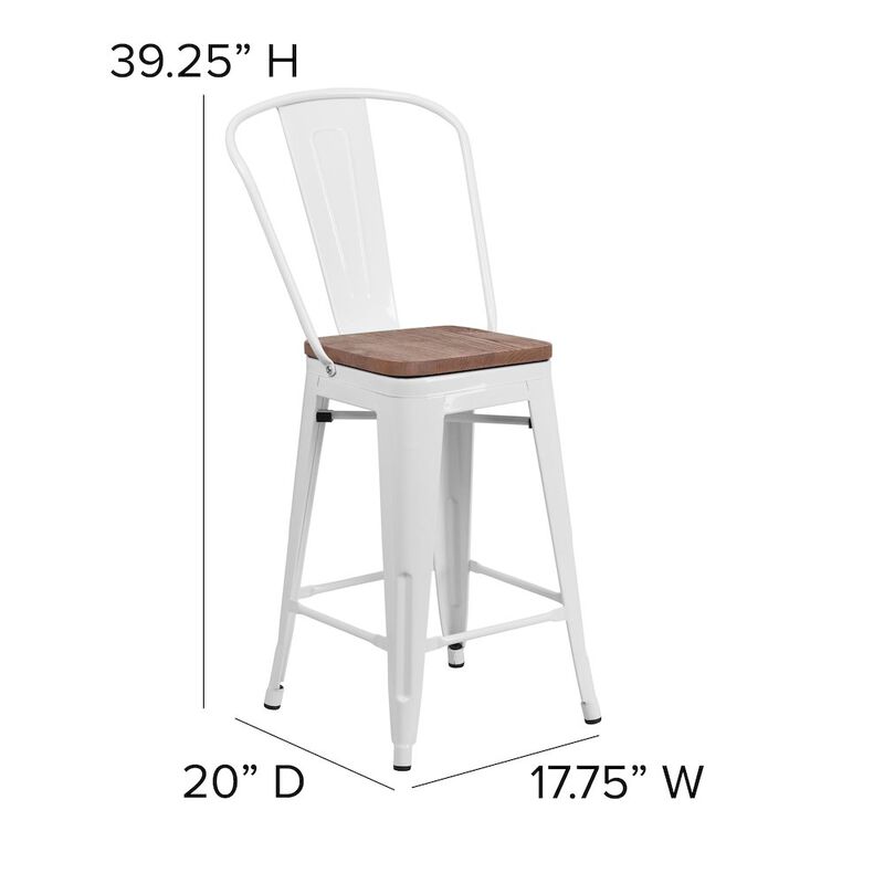 Flash Furniture 24" High White Metal Counter Height Stool with Back and Wood Seat image number 2