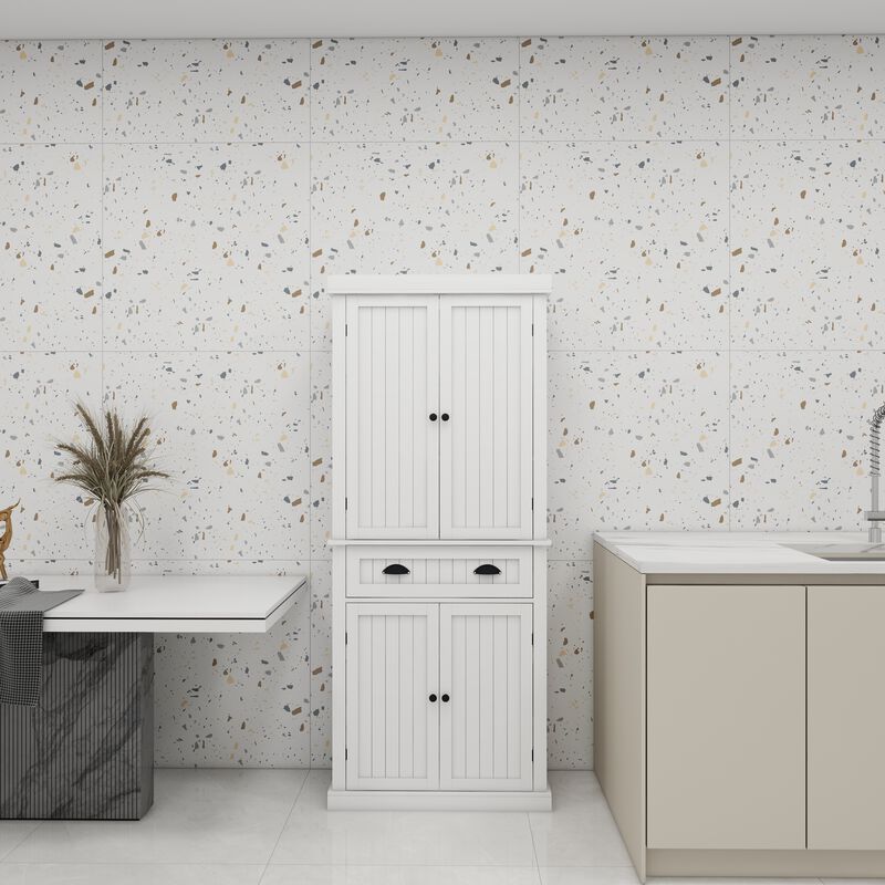 White Wood 29.92 in. Pantry Cabinet with Doors and Drawers，Adjustable Shelves