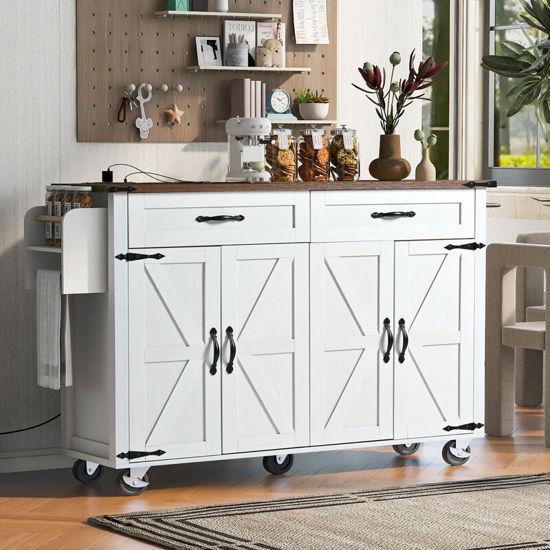 Whisen Farmhouse Style Kitchen Cart Island with Drop-Leaf, Power Outlet, Spice Rack and Drawer - White