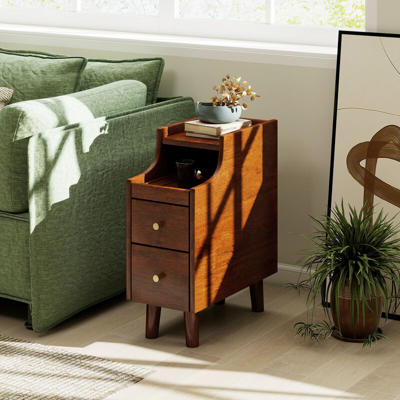 Solid Wood Nightstand with Pull-Out Tray and 2 Drawers, Narrow Bedside Table image number 5