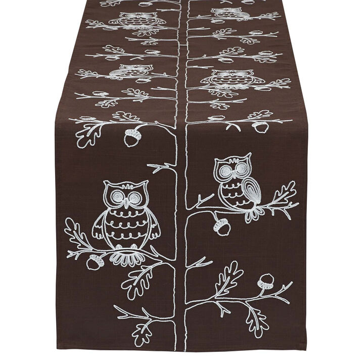 70" Brown and White Embroidered Owls Rectangular Table Runner