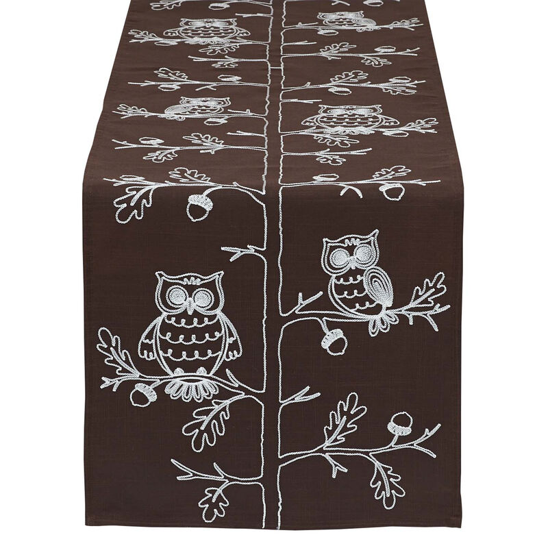 70" Brown and White Embroidered Owls Rectangular Table Runner image number 1
