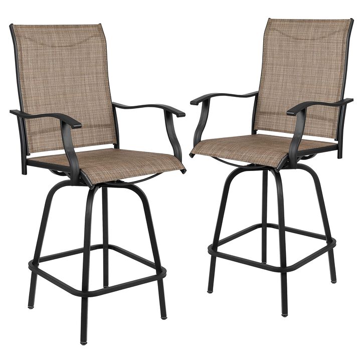 Flash Furniture Valerie Patio Bar Height Stools Set of 2, All-Weather Textilene Swivel Patio Stools with High Back & Armrests in Brown