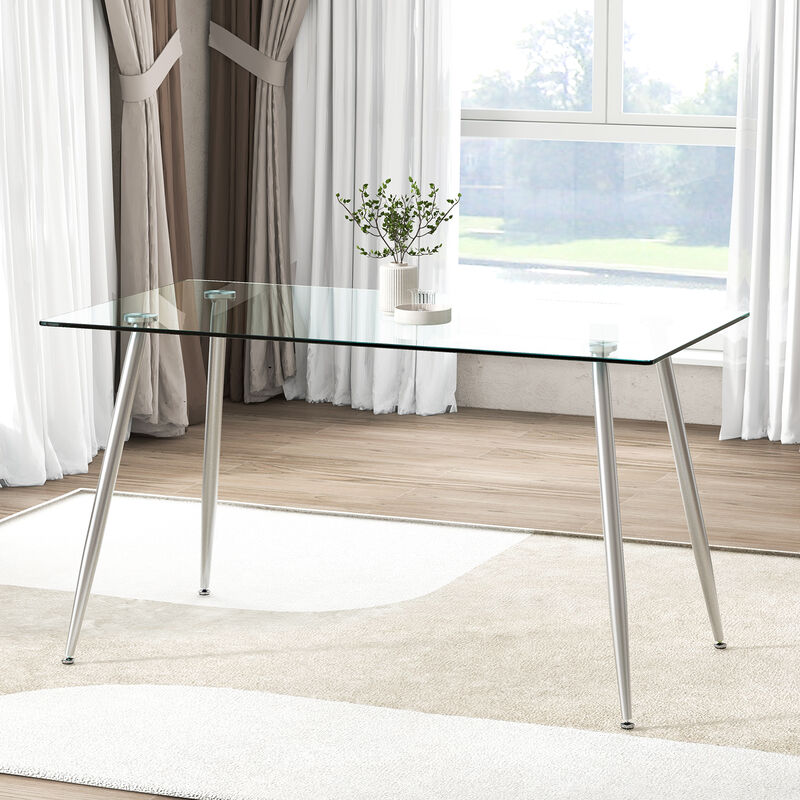 Modern Rectangular Dining Table – Glass Top with Metal Base for Kitchen or Dining Room