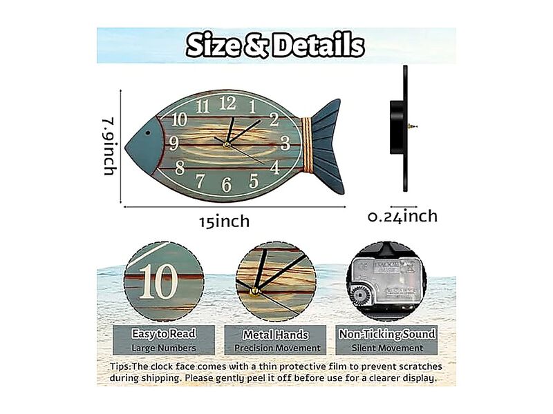 Silent Wood Fish Shape Wall Clock Coastal Beach Lake House Decor Non Ticking image number 1