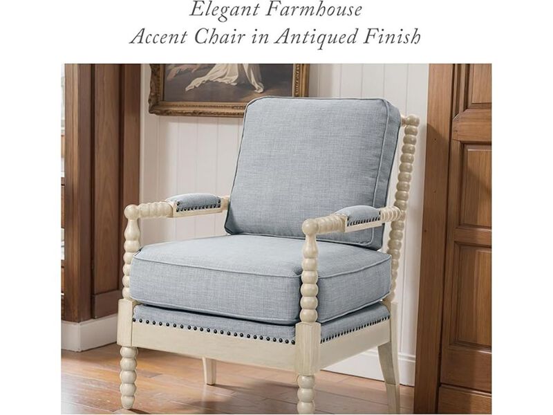 Accent Chair &ndash; Light Blue Farmhouse Armchair with Antiqued Wood Frame & Upholstery image number 2