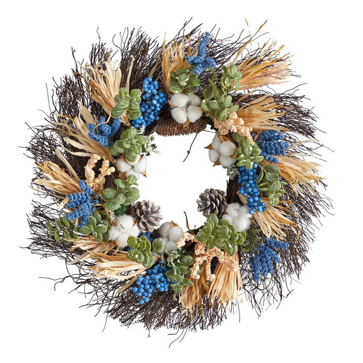 Nearly Natural 22-in Autumn Cotton, Eucalyptus, Berries and Pinecones Artificial Fall Wreath