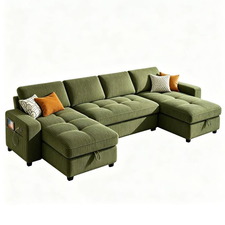 105" U-Shaped Sleeper Sofa Bed, Corduroy Pull Out Couch with Reversible Storage Chaise, 5-Position