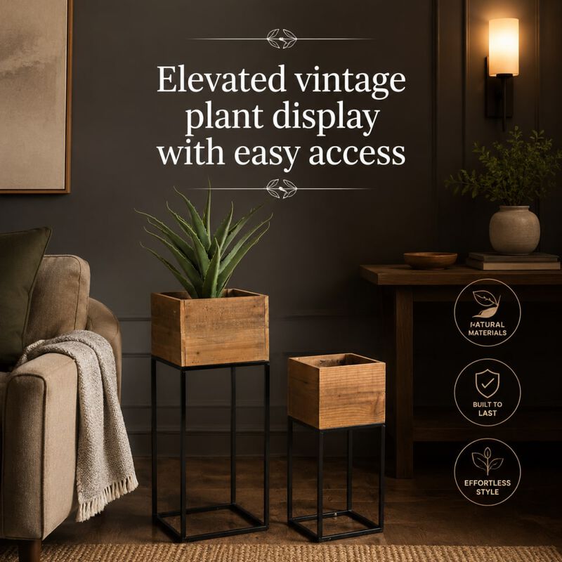 WOW PIONEER Set of 2 Reclaimed Wooden Planter Boxes with Iron Stands for Indoor Outdoor Greenery Display and Home Decor Accents image number 4