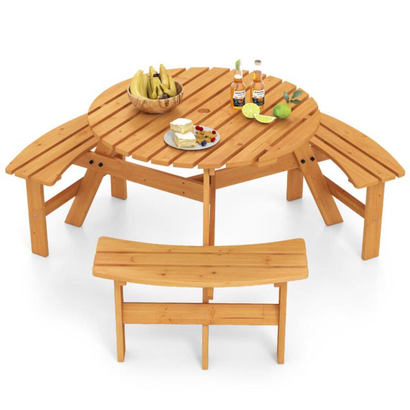 Hivvago 6-Person Round Picnic Table Set with 3 Built-in Benches and Umbrella Hole