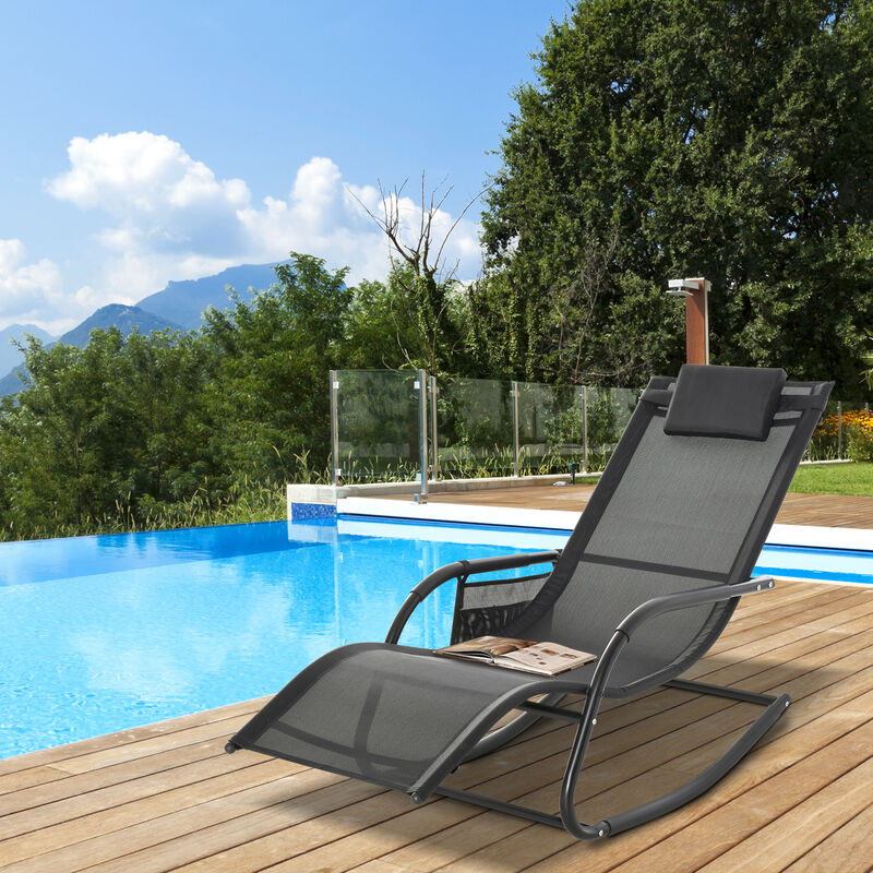 Outsunny Outdoor Rocking Chair, Chaise Lounge Pool Chair for Sun Tanning, Sunbathing, a Rocker with Side Pocket, Armrests & Pillow for Patio, Lawn, Beach, Black