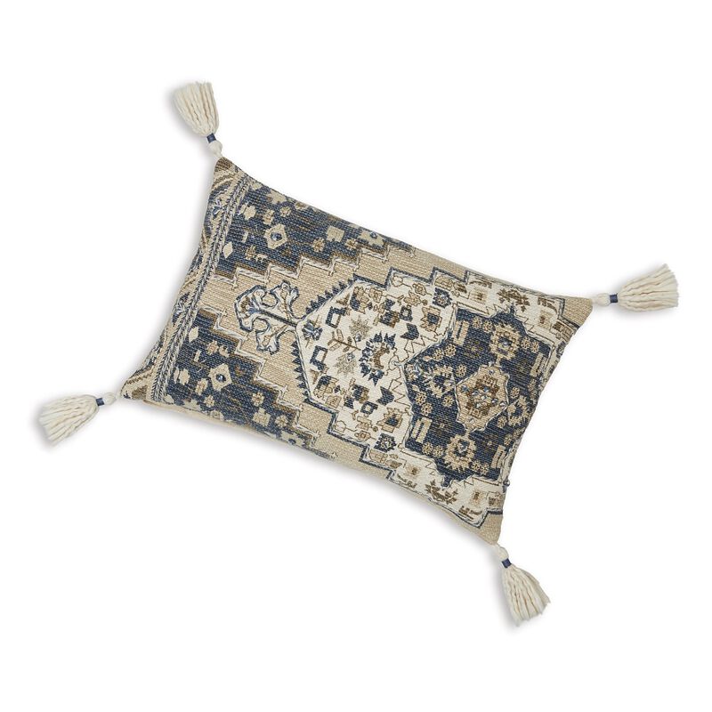 Zony 14 x 22 Lumbar Accent Pillow Set of 4, Boho Tassels, Medallion, Ivory - Benzara