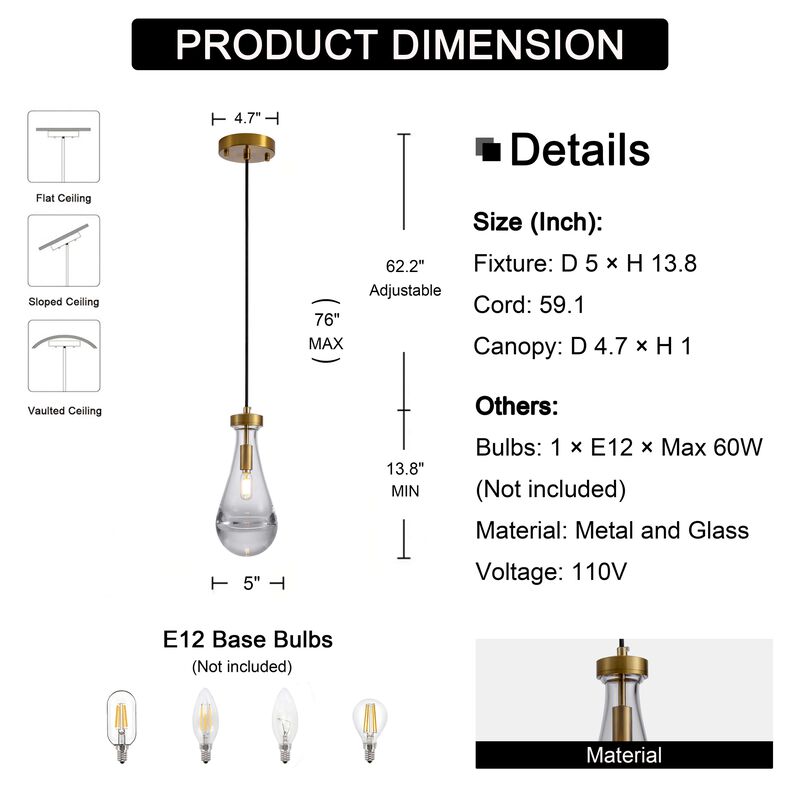 Adoncia 1 Light 5" Brushed Shiny Brass Clear Raindrop Glass Shade Pendant Chandelier image number 2