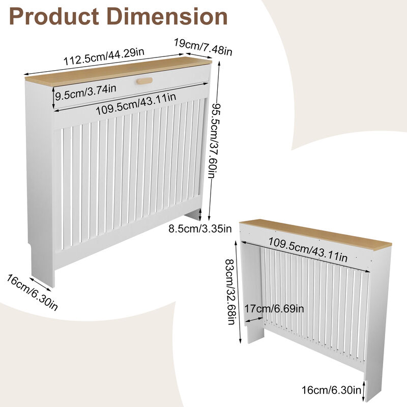 Radiator Cover with Drawer Shelf White Oak Finish Vertical MDF Slat Cabinet image number 4