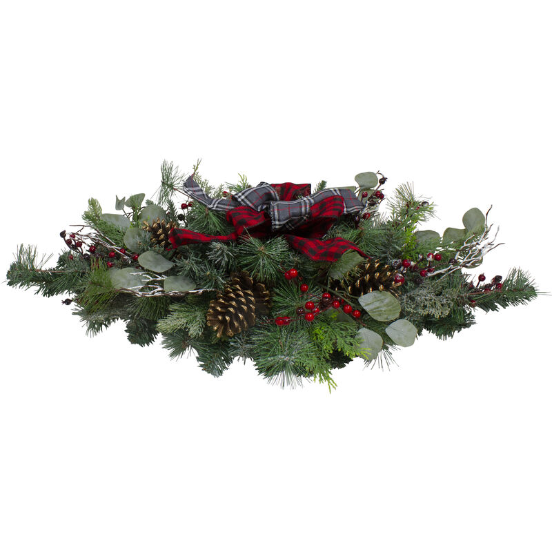 36" Dual Plaid Bows and Red Berries Artificial Christmas Swag - Unlit image number 2