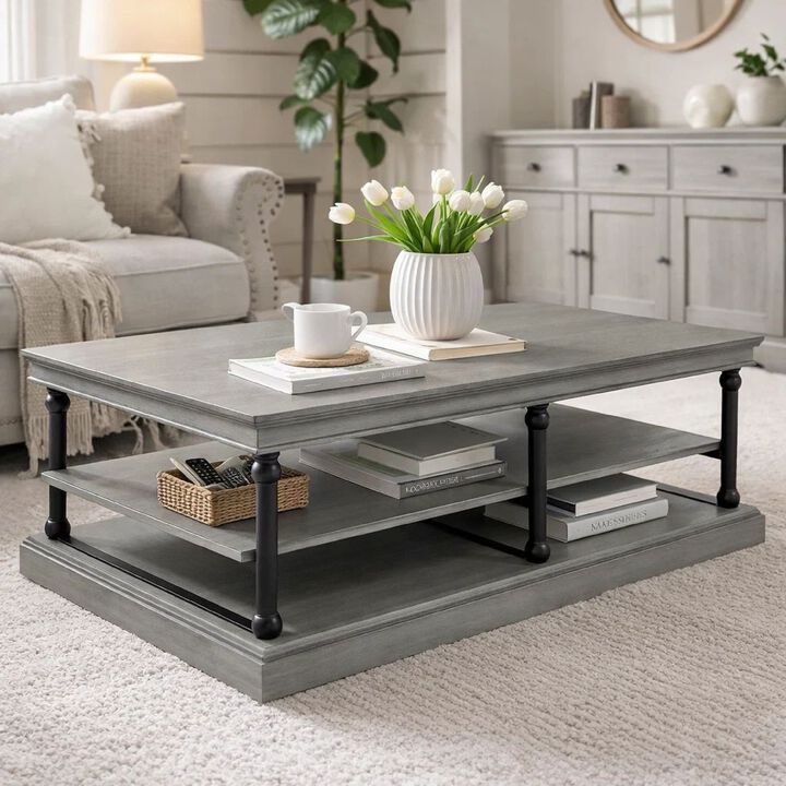 Bard Coffee Table, Veneer, 2 Tier Shelves, Metal Legs