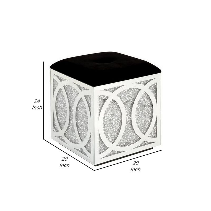 Mirrored Ottoman with Fabric Seat and Faux Diamonds, Silver-Benzara
