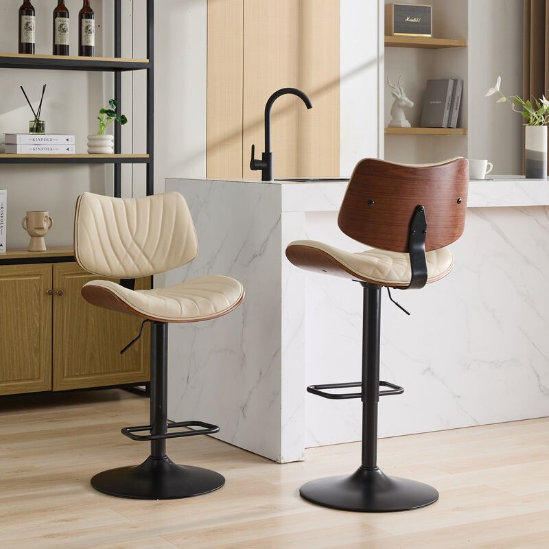 Clihome Mid Century Modern Walnut Bentwood Bar Stools Set of 2,Adjustable Counter Height Black Leather Upholstered 360&deg;Swivel Bar Chairs