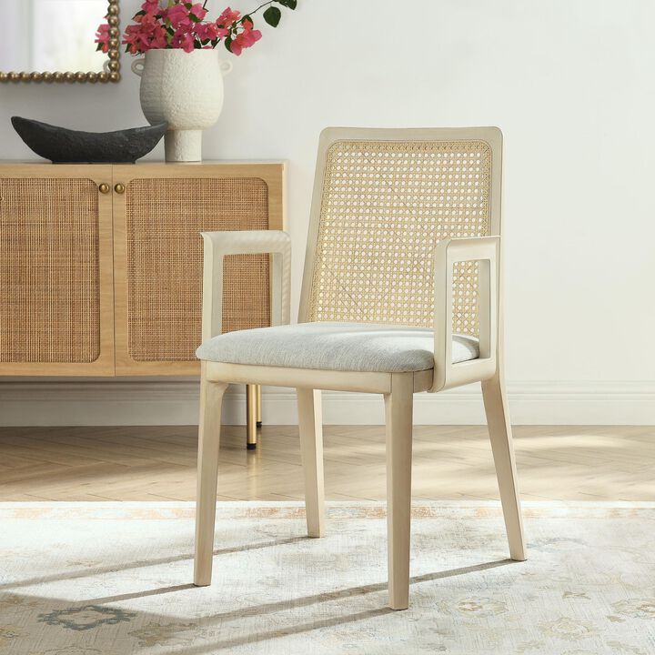 Modway Monarch Wood Dining Accent Armchair with Cane Back and Padded Seat in Antique White Natural Heathered Weave Ivory