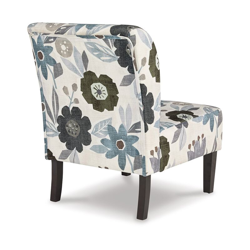 Rima Accent Chair, Ivory Gray Floral Pattern Polyester Cushion, Black Wood