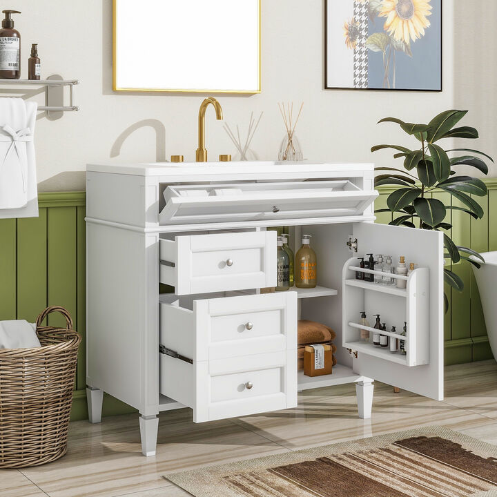36 in. W Modern Bathroom Vanity with Single Sink, 2 Storage Drawers and 1 Tip-Out Drawer