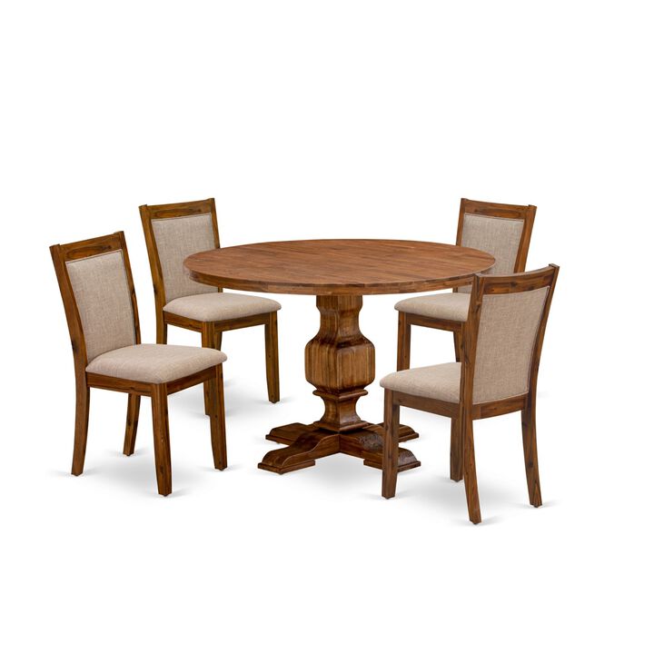 East West Furniture I3MZ5-N04 5-Pc Dinner Table Set - Round Kitchen Table and 4 Light Tan Color Parson Chairs with High Back - Antique Walnut Finish