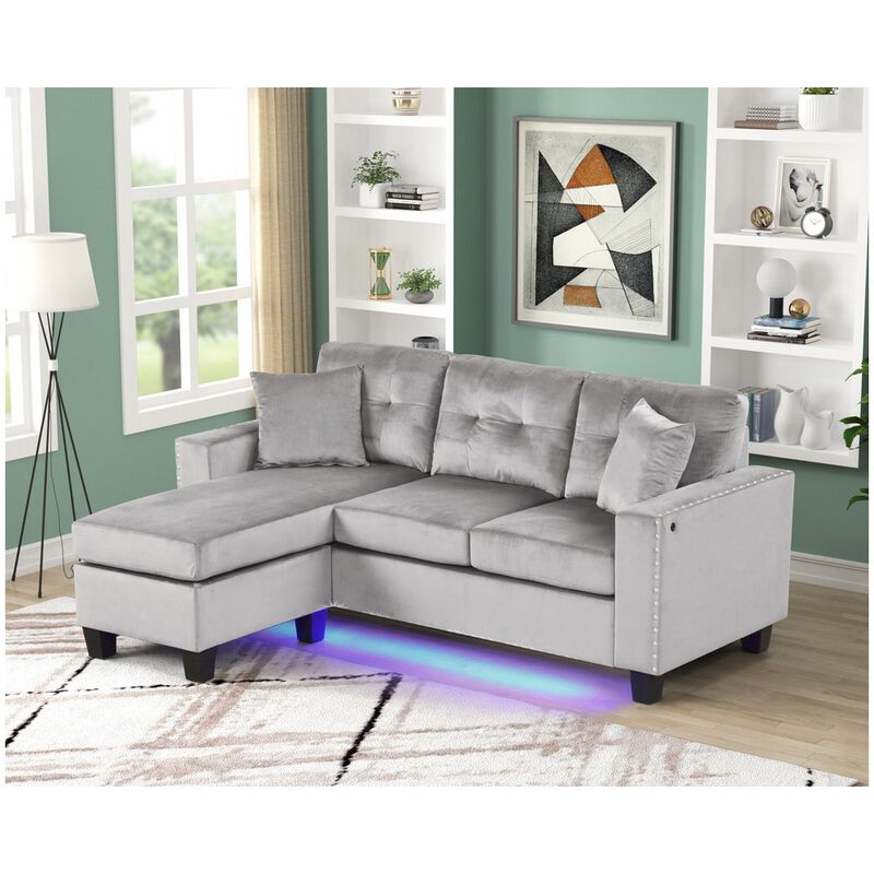 Lilola Home 74W Gray Velvet Reversible Sectional Sofa Chaise