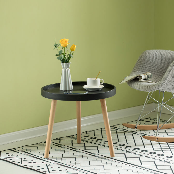 Modern Plastic Round Side Table Accent Coffee Table with Beech Wood Legs, Black