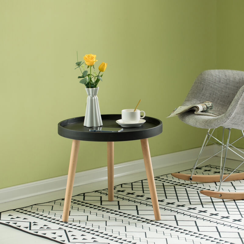 Modern Plastic Round Side Table Accent Coffee Table with Beech Wood Legs, Black