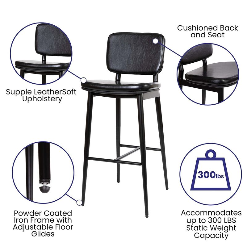 Flash Furniture Kenzie Commercial Grade Mid-Back Barstools - Black LeatherSoft Upholstery - Black Iron Frame with Integrated Footrest - Set of 2