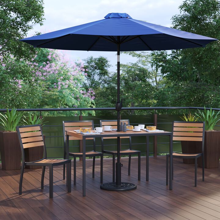 Flash Furniture Lark 7 Piece Patio Table Set - 4 Synthetic Stackable Faux Teak Chairs - 30" x 48" Faux Teak Table - Navy Umbrella with Base
