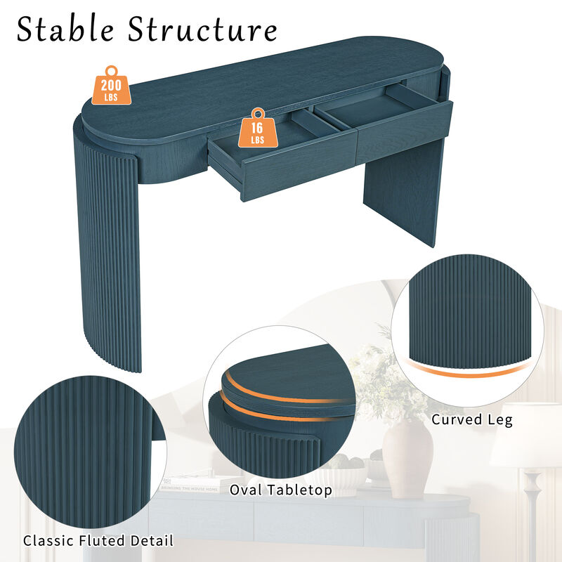 Merax Entryway Table with Natural Wood Grain Finish, Console Table with Fluted Design, Oval Top and 2 Drawers