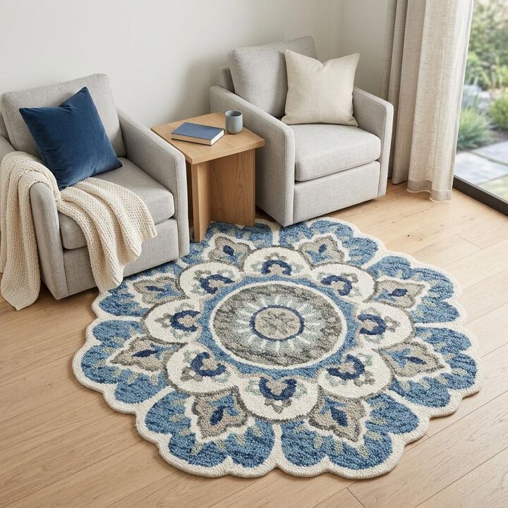HomeRoots Round Wool Floral Hand Tufted Area Rug