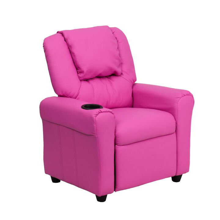Flash Furniture Vana Vinyl Kids Recliner with Cup Holder, Headrest, and Safety Recline, Contemporary Reclining Chair for Kids, Supports up to 90 lbs., Hot Pink