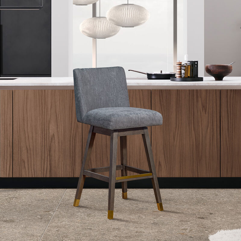 Basila Swivel Stool in Brown Oak Wood Finish with Beige Fabric