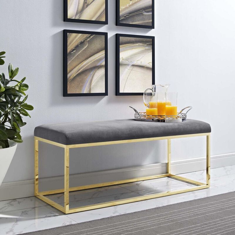 Modway Anticipate Velvet Upholstered Modern Bench With Stainless Steel Frame in Gold Gray
