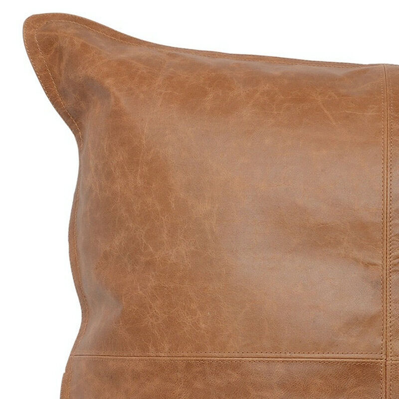 Square Leatherette Throw Pillow with Stitched Details, Brown - Benzara