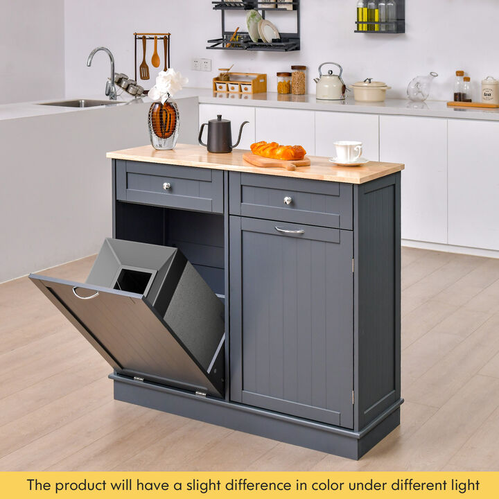 Rubber Wood Kitchen Trash Cabinet with Single Trash Can Holder and Adjustable Shelf-Grey