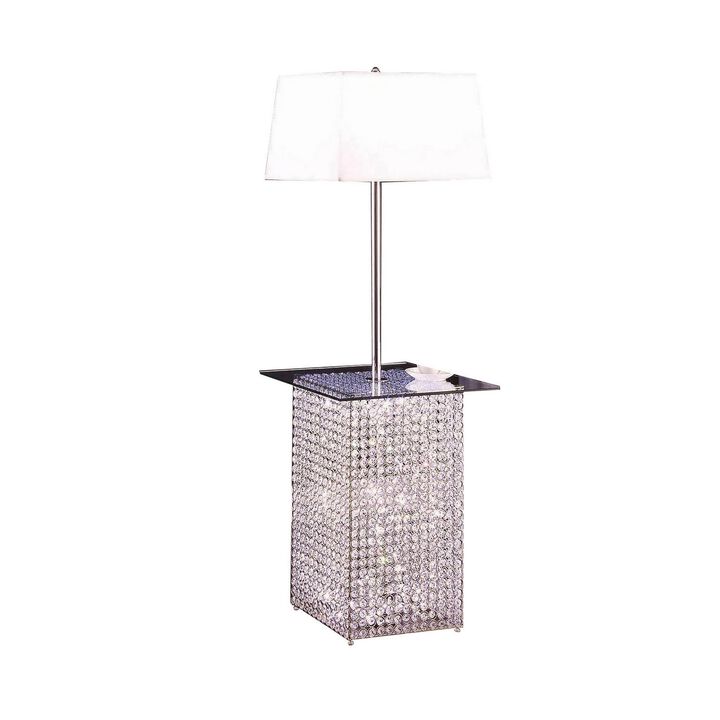 59 Inch Floor Lamp with Glass Tabletop, Crystal Stand, Metal, Clear-Benzara