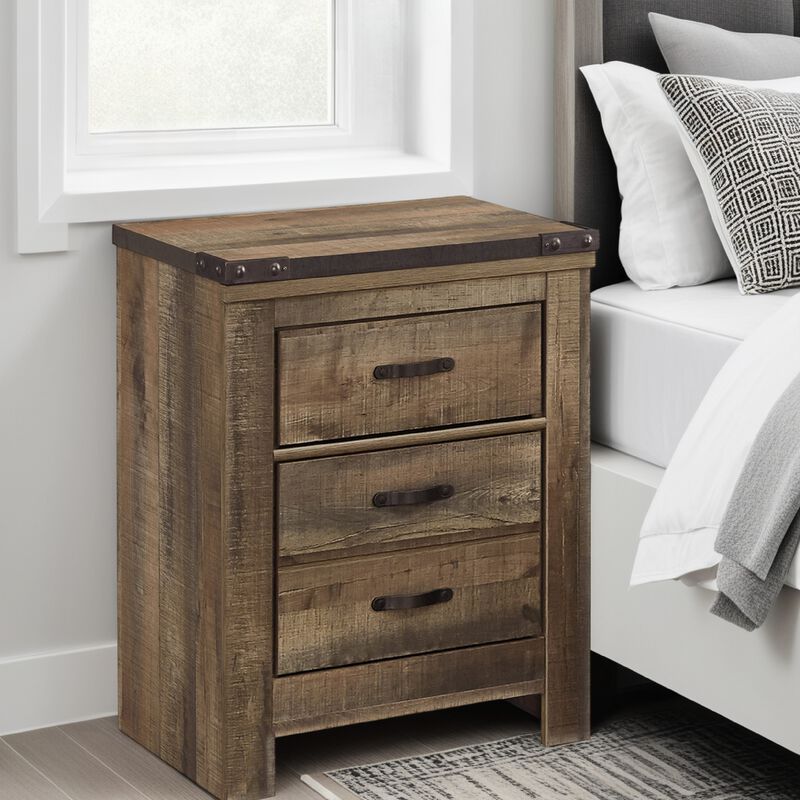 Zoey Nightstand w 2 Drawers, USB Port, Rustic Brown Plank Details - Benzara