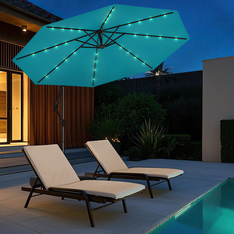 Solar Offset Umbrella with 32 LED Lights &ndash; Hanging Patio Shade with Base