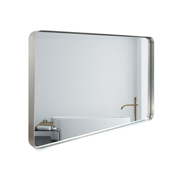 ELEMENT ACE 36x30 Inch Glossy Brushed Silver Rounded Corner Rectangle Wall Mirror For Bathroom Metal Frame Wall Mounted Bathroom Mirror Home Decor Corner Hangs Farmhouse Mirror